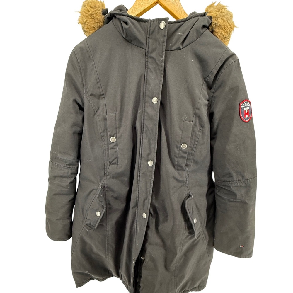 Tommy Hilfiger Women's Black Hooded Faux Fur Trimmed Parka Coat Large‎